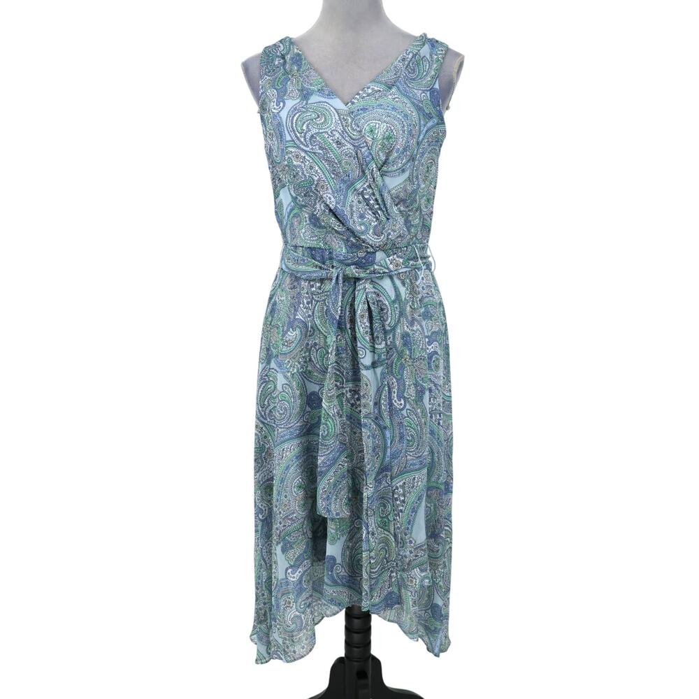 Tommy Hilfiger Dress Womens 8 Blue Paisley Chiffon Faux Wrap Lined Belted Zip